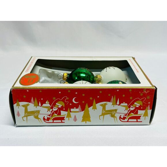 Vintage Kurt Adler Christmas Ornaments Green White Glitter Set of 4 West German - Picture 6 of 8